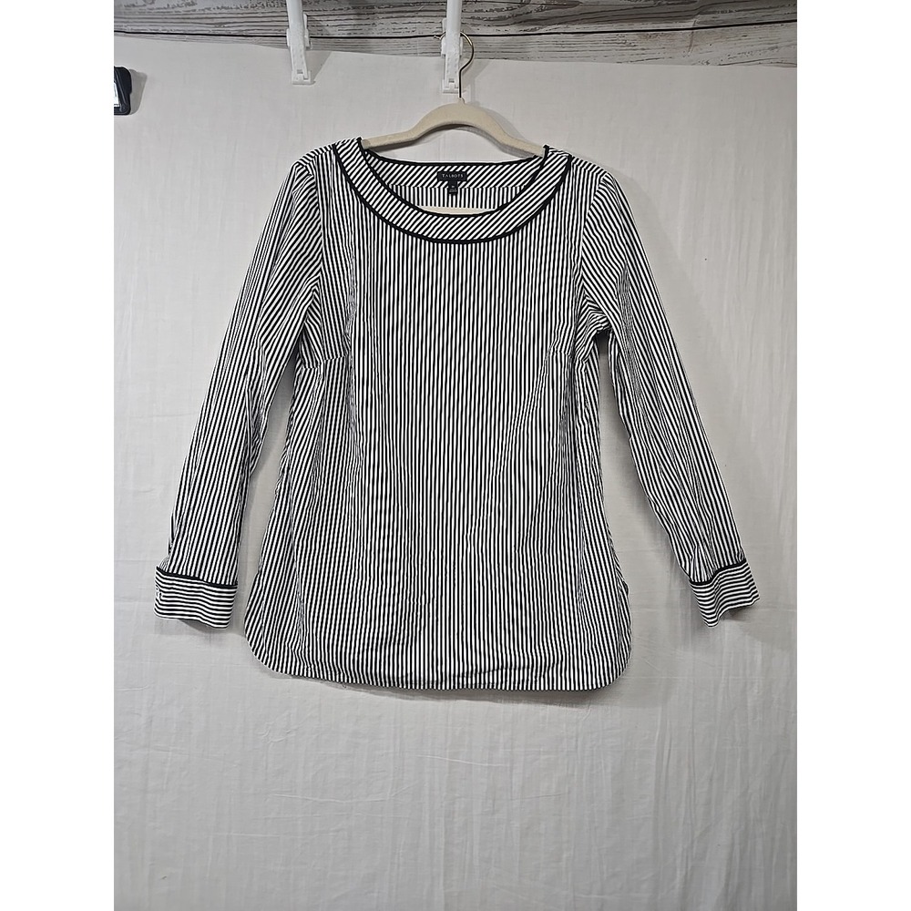 Talbots Top Womens Medium Black & White Vertical Striped Long Sleeve Side Zip